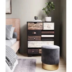 KARE Design Tabouret Cherry Grey velours cotelé laiton Ø35cm> Meubles